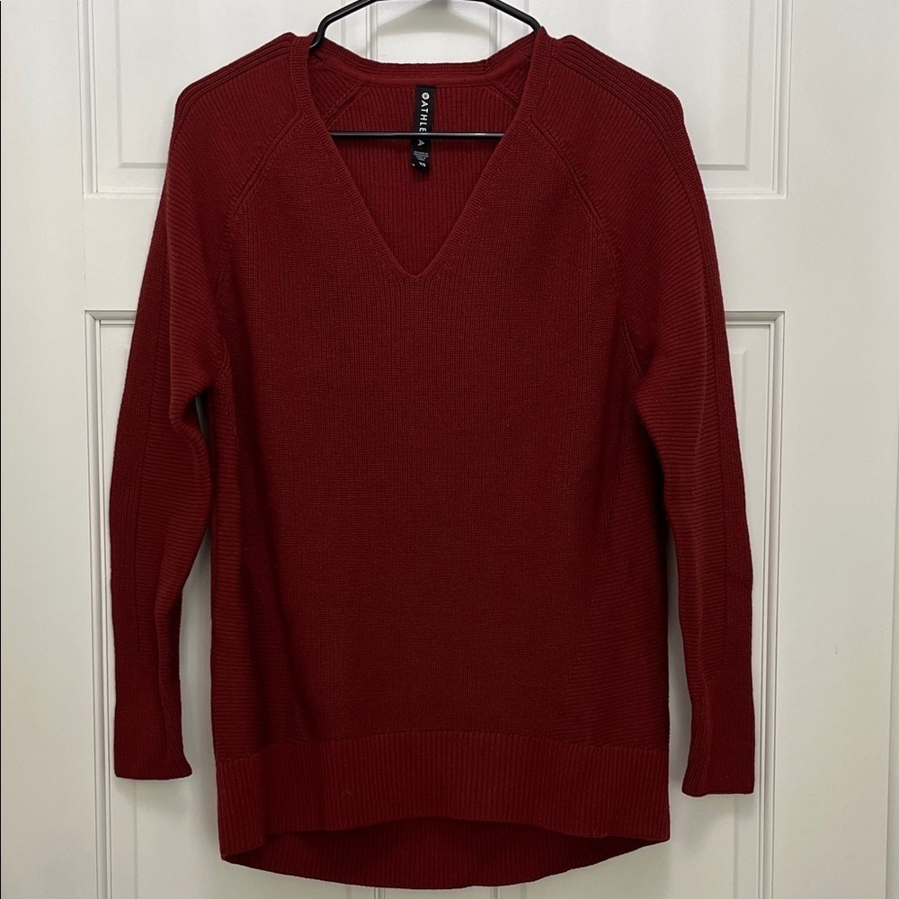 Athleta Deep Red V-Neck Chunky Knit Ribbed Merino Wool Sweater - Size XS